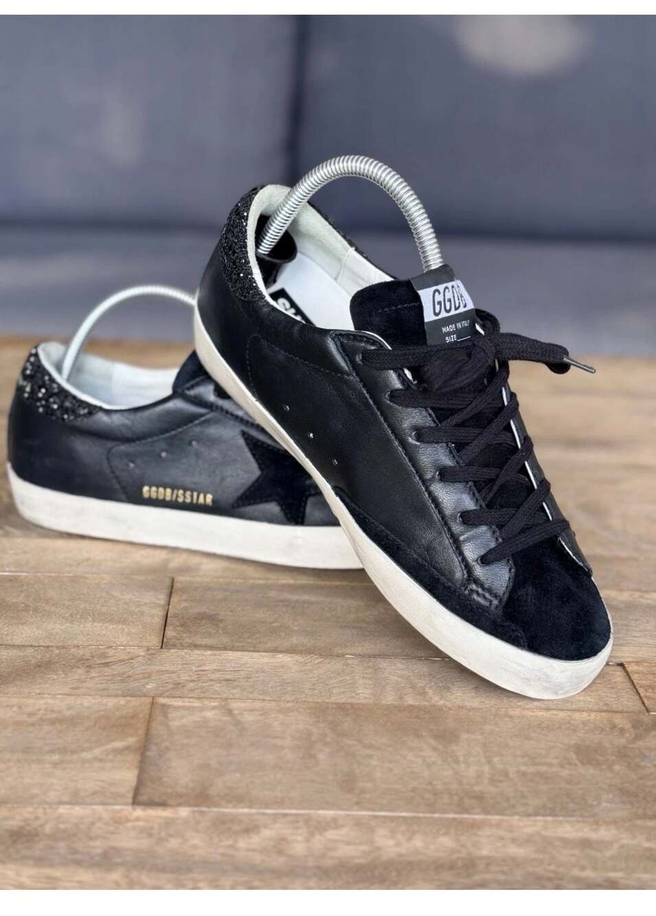 Golden Goose Super-Star Black Leather Glitter Sneakers Size 39